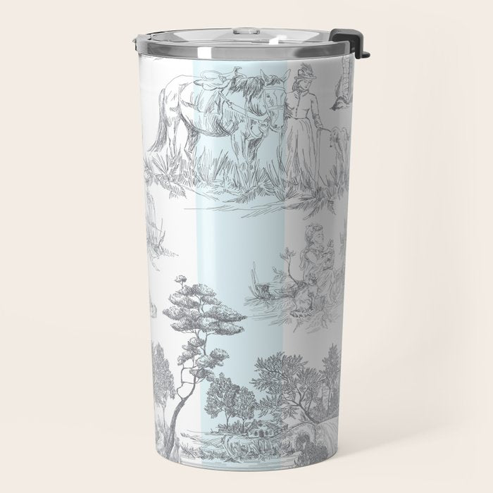 Toile de Jouy Vintage French Pastoral Blue & White Stripe Travel Mug Gallery Image 2