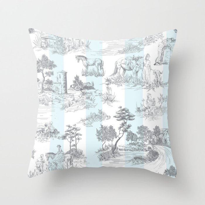Toile de Jouy Vintage French Pastoral Blue & White Stripe Throw Pillow Gallery Image 1