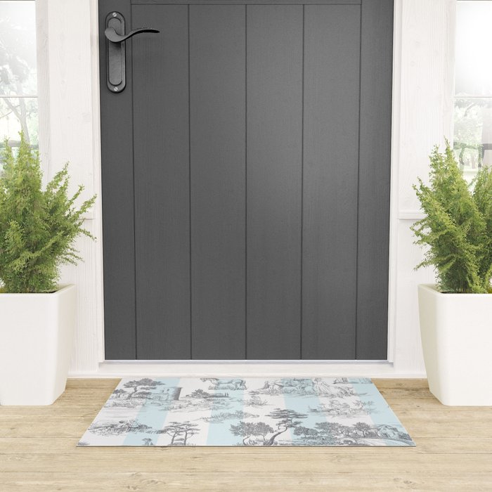 Toile de Jouy Vintage French Pastoral Blue & White Stripe Welcome Mat Gallery Image 3
