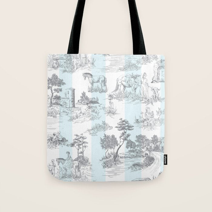 Toile de Jouy Vintage French Pastoral Blue & White Stripe Tote Bag Gallery Image 1