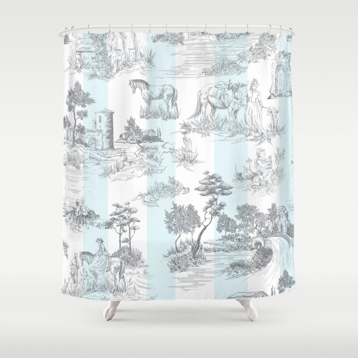 Toile de Jouy Vintage French Pastoral Blue & White Stripe Shower Curtain Gallery Image 1