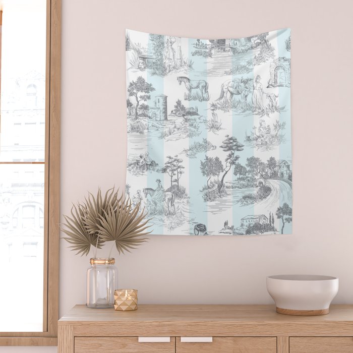 Toile de Jouy Vintage French Pastoral Blue & White Stripe Wall Tapestry Gallery Image 2