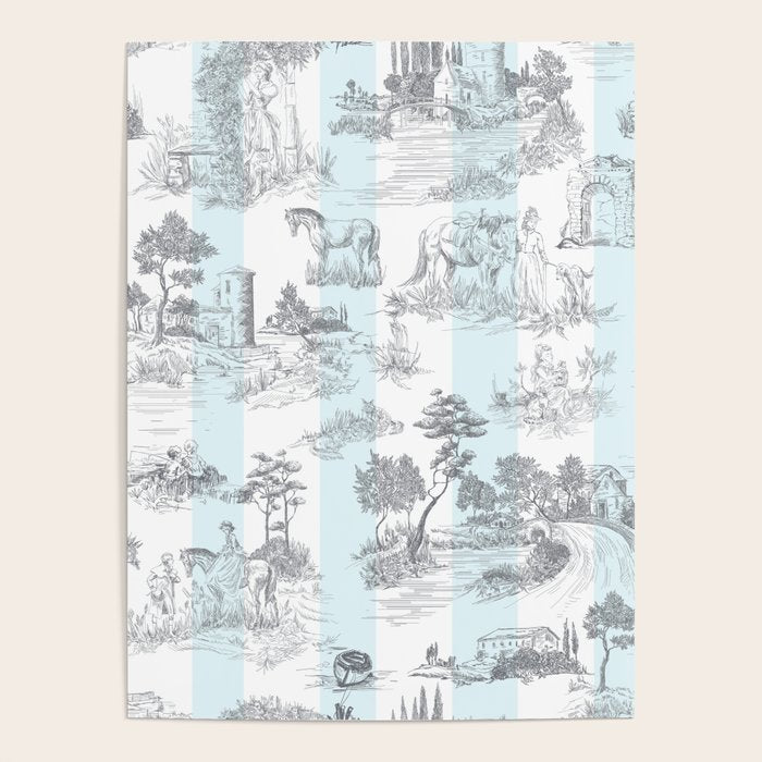 Toile de Jouy Vintage French Pastoral Blue & White Stripe Poster Gallery Image 1