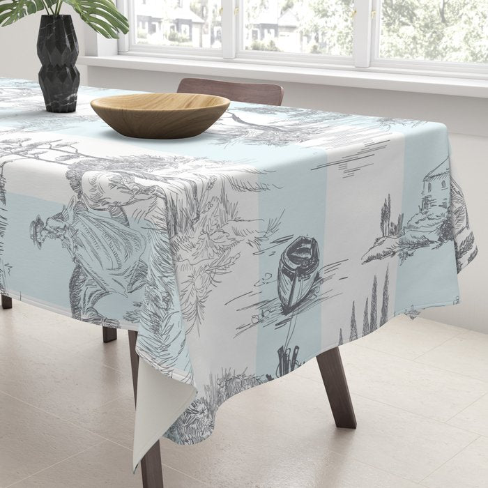 Toile de Jouy Vintage French Pastoral Blue & White Stripe Tablecloth Gallery Image 3