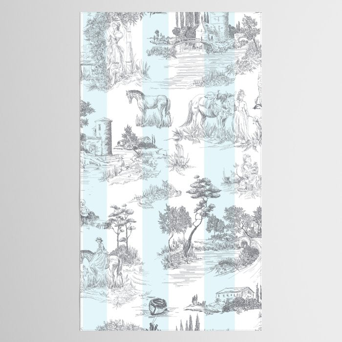 Toile de Jouy Vintage French Pastoral Blue & White Stripe Tablecloth Gallery Image 2