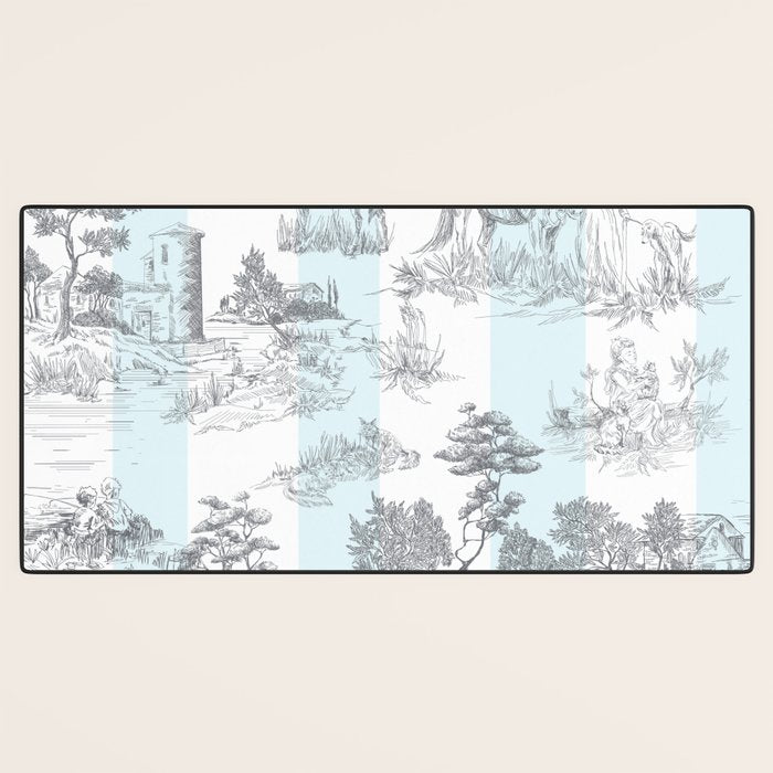 Toile de Jouy Vintage French Pastoral Blue & White Stripe Desk Mat Gallery Image 3