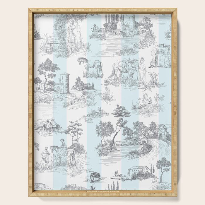 Toile de Jouy Vintage French Pastoral Blue & White Stripe Serving Tray Gallery Image 1