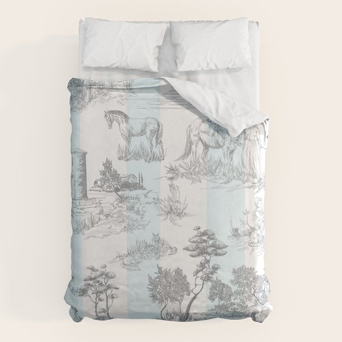 Toile de Jouy Vintage French Pastoral Blue & White Stripe Duvet Cover Gallery Image 6
