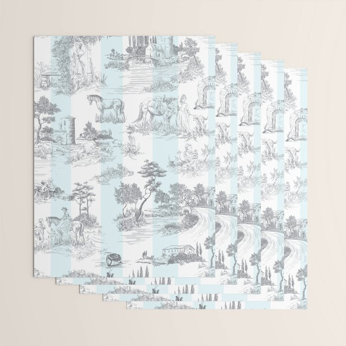 Toile de Jouy Vintage French Pastoral Blue & White Stripe Wrapping Paper Gallery Image 3