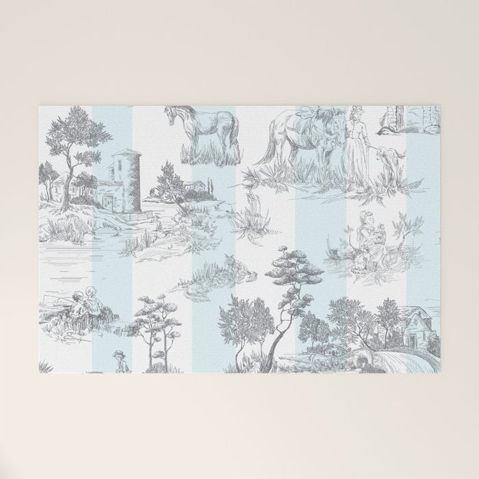 Toile de Jouy Vintage French Pastoral Blue & White Stripe Welcome Mat Gallery Image 1