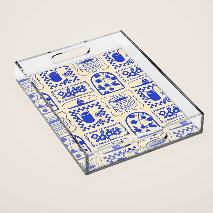 Blue summer vacation patchwork art pattern Acrylic Tray Gallery Image 1