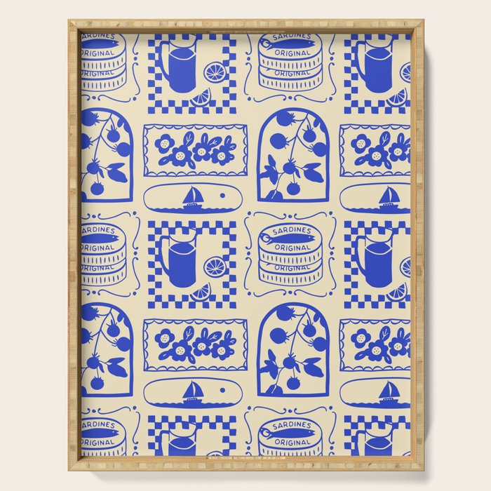 Blue summer vacation patchwork art pattern Serving Tray Gallery Image 1