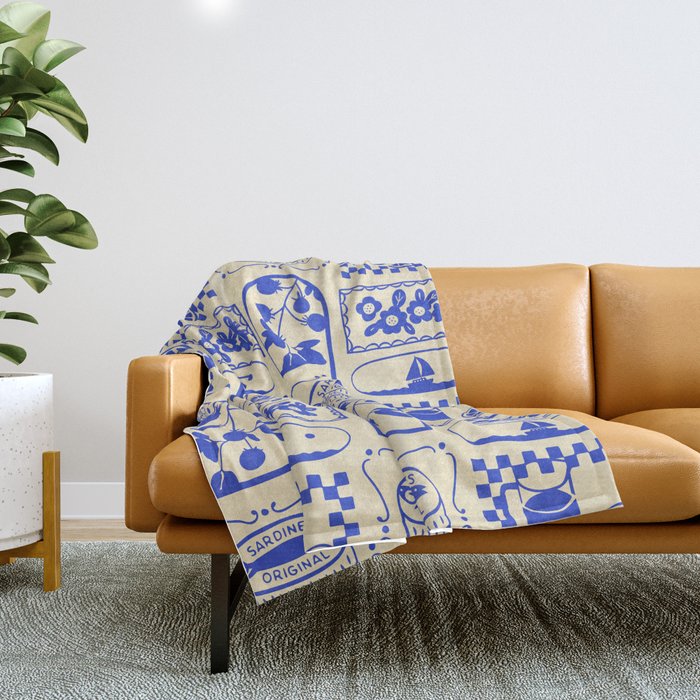 Blue summer vacation patchwork art pattern Throw Blanket Gallery Image 1