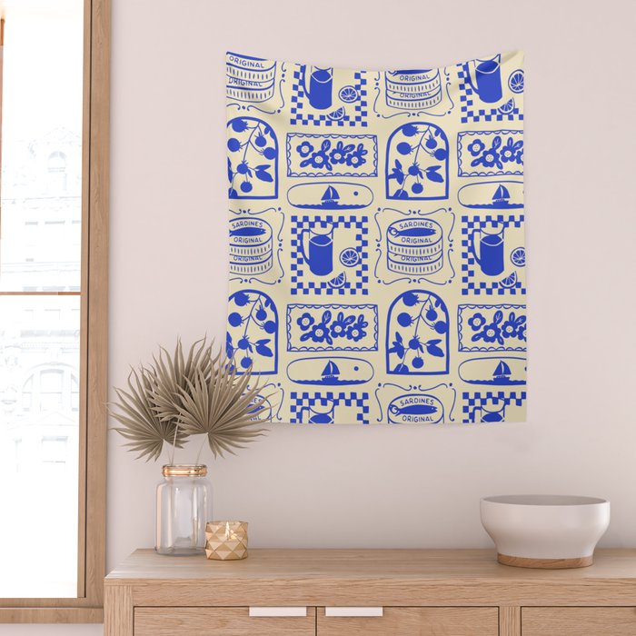 Blue summer vacation patchwork art pattern Wall Tapestry Gallery Image 2