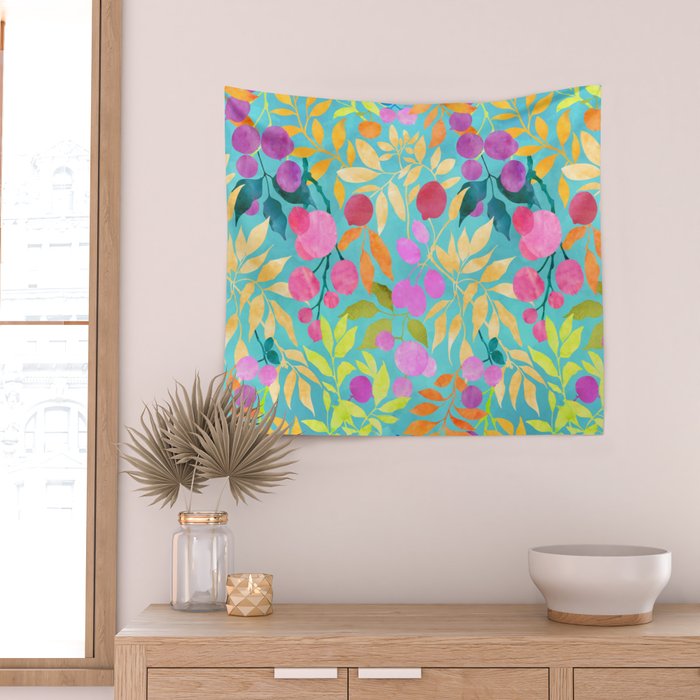 Exotic Fruit Garden Tropical Summer Foliage And Fruit Turquoise Wall Tapestry Gallery Image 2