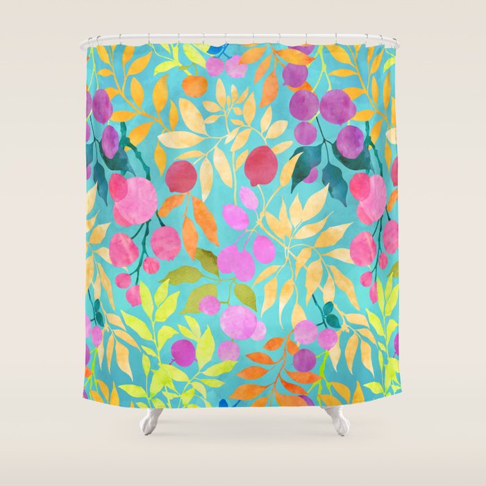 Exotic Fruit Garden Tropical Summer Foliage And Fruit Turquoise Shower Curtain Gallery Image 1