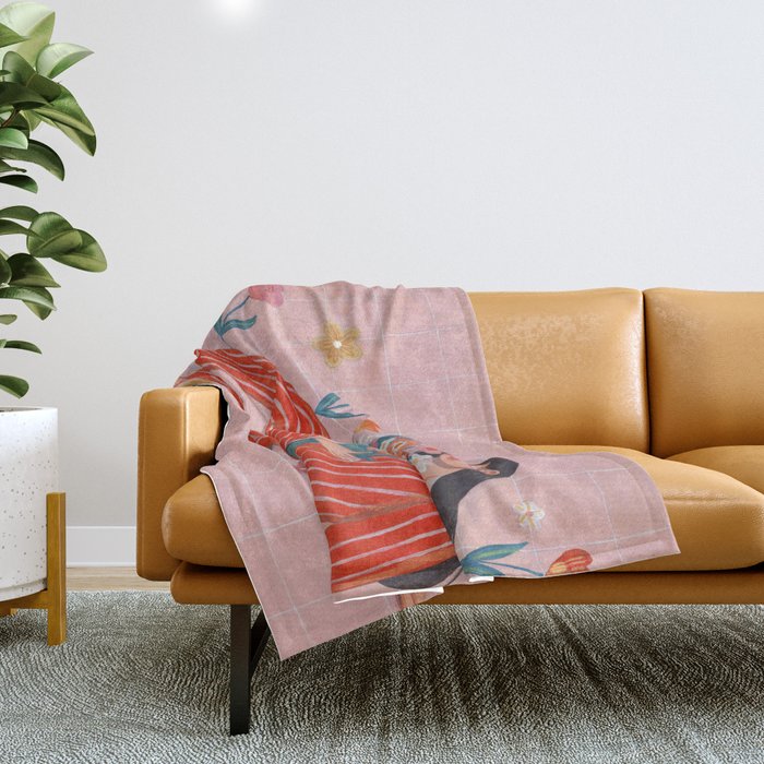 Modern Woman with Flowers Throw Blanket Gallery Image 1