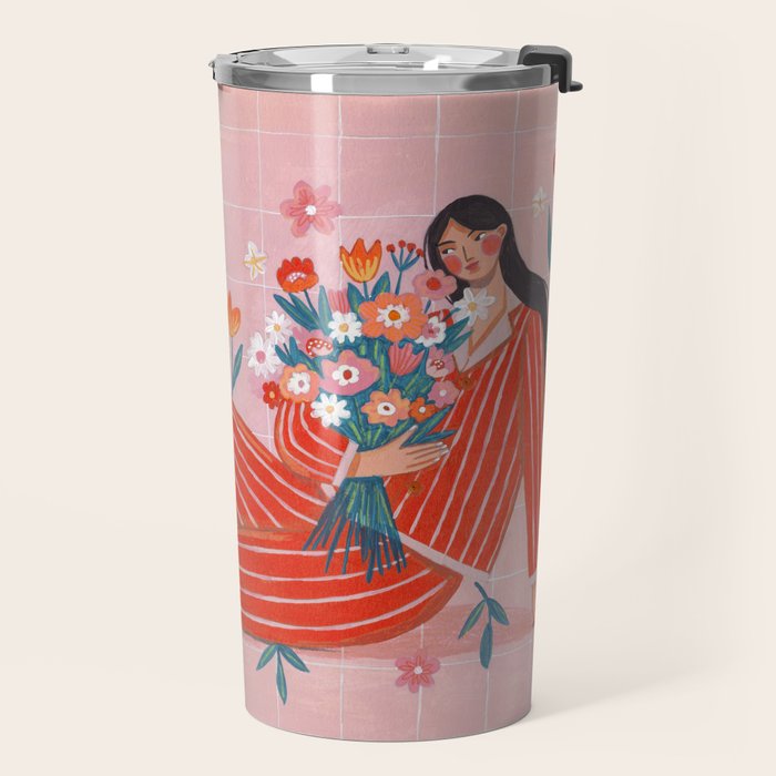 Modern Woman with Flowers Travel Mug Gallery Image 2