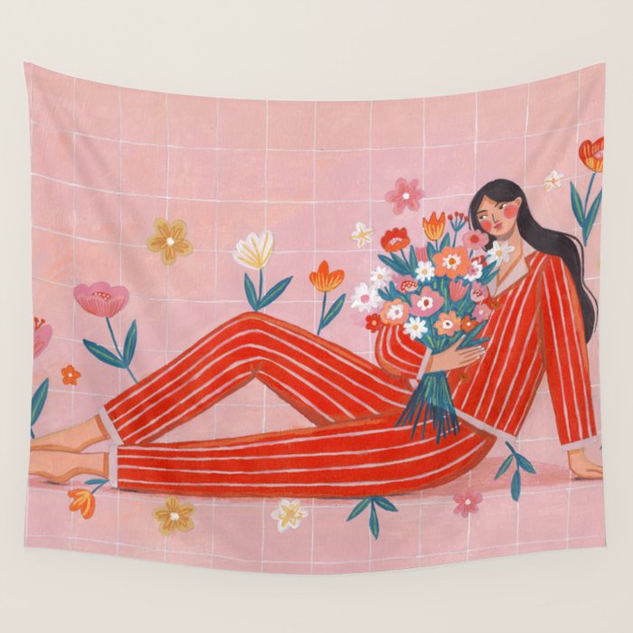 Modern Woman with Flowers Wall Tapestry Gallery Image 1
