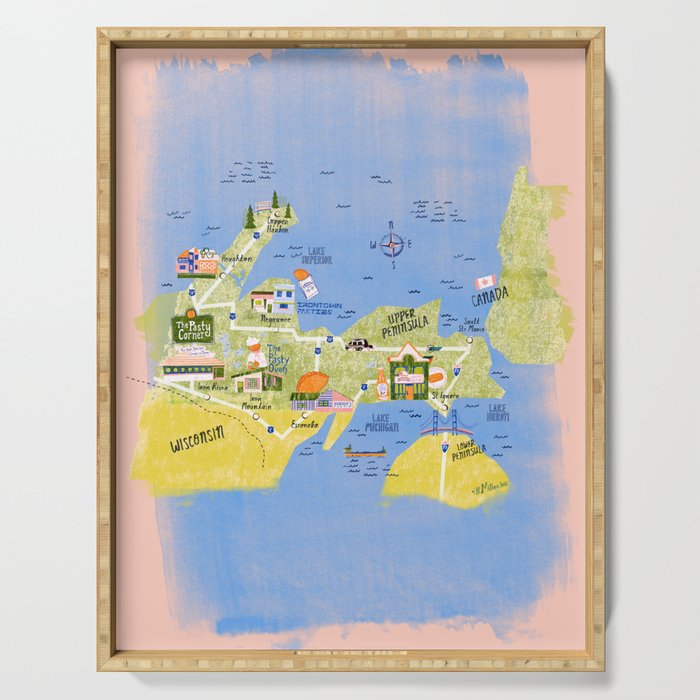 Map of Northern Michigan - Pasty Tour in Peach Serving Tray Gallery Image 1