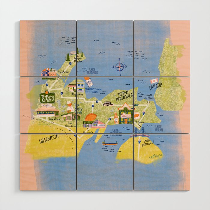 Map of Northern Michigan - Pasty Tour in Peach Wood Wall Art Gallery Image 1