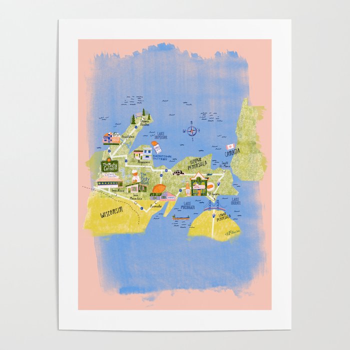 Map of Northern Michigan - Pasty Tour in Peach Poster Gallery Image 1