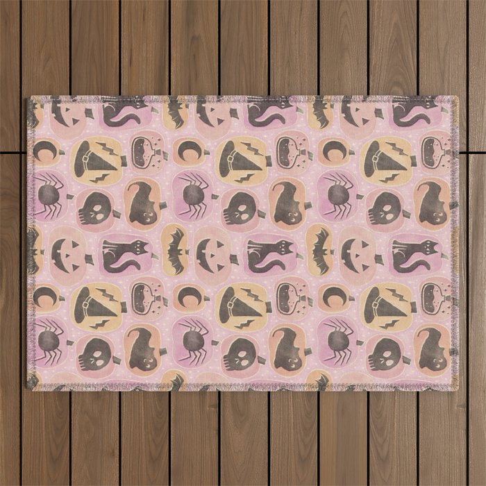 Halloween Pumpkins - vintage pink and black  Outdoor Rug Gallery Image 1
