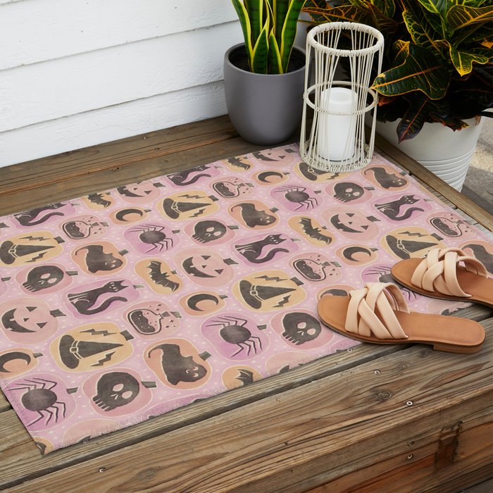 Halloween Pumpkins - vintage pink and black  Outdoor Rug Gallery Image 2