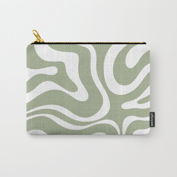Modern Retro Liquid Swirl Abstract Pattern in Muted Sage Green and White Carry All Pouch Gallery Image 1