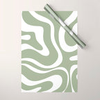 Modern Retro Liquid Swirl Abstract Pattern in Muted Sage Green and White Wrapping Paper Gallery Image 1