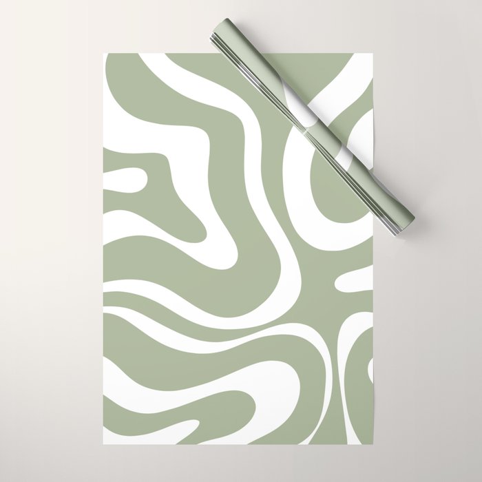 Modern Retro Liquid Swirl Abstract Pattern in Muted Sage Green and White Wrapping Paper Gallery Image 1