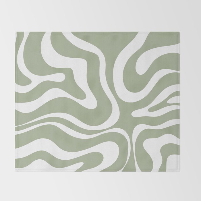 Modern Retro Liquid Swirl Abstract Pattern in Muted Sage Green and White Throw Blanket Gallery Image 2