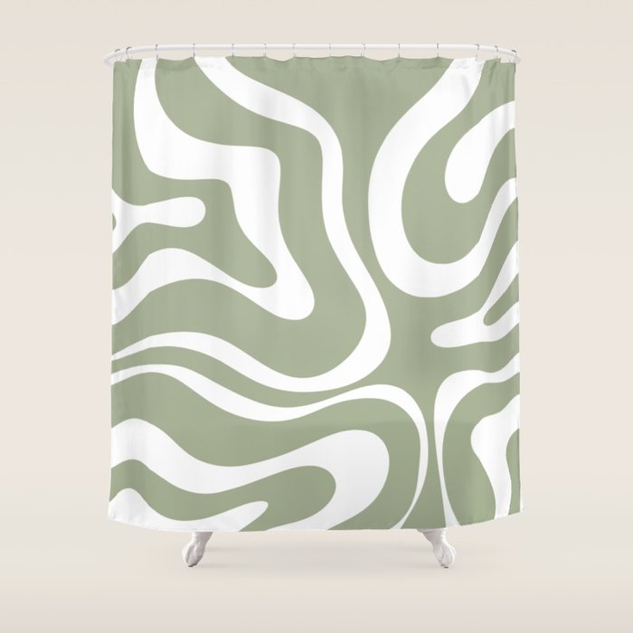 Modern Retro Liquid Swirl Abstract Pattern in Muted Sage Green and White Shower Curtain Gallery Image 1