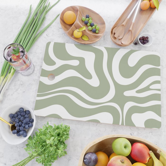 Modern Retro Liquid Swirl Abstract Pattern in Muted Sage Green and White Cutting Board Gallery Image 2