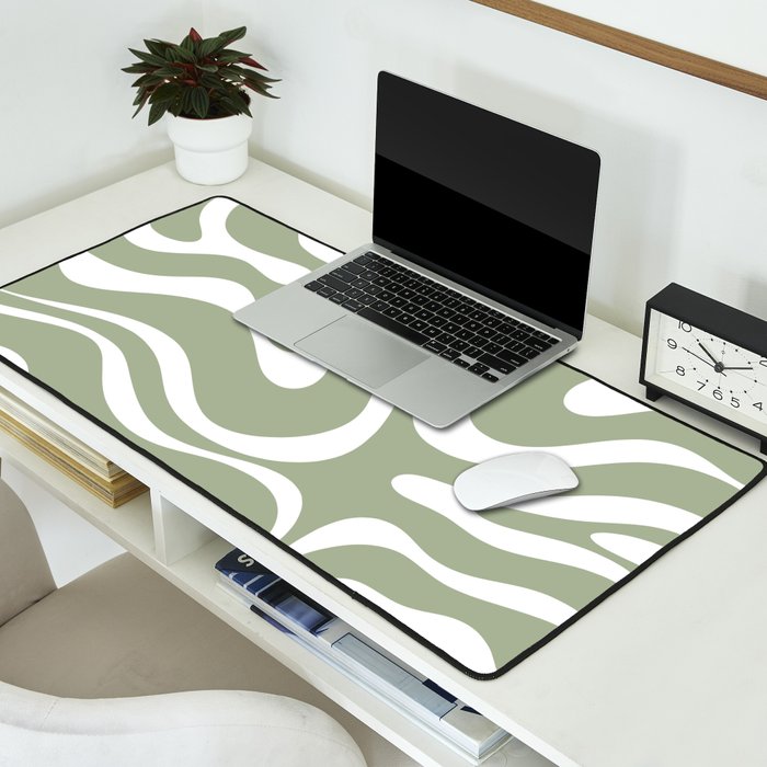 Modern Retro Liquid Swirl Abstract Pattern in Muted Sage Green and White Desk Mat Gallery Image 2