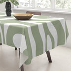 Modern Retro Liquid Swirl Abstract Pattern in Muted Sage Green and White Tablecloth Gallery Image 3