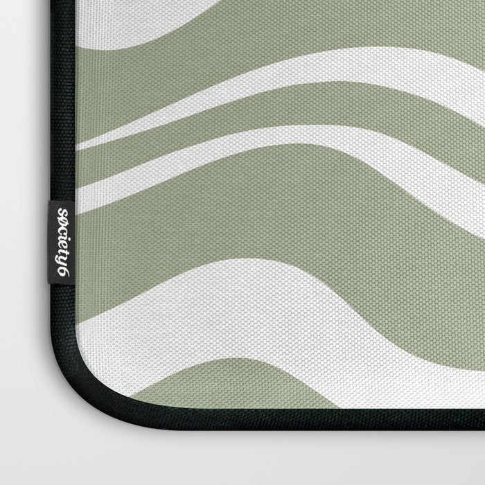 Modern Retro Liquid Swirl Abstract Pattern in Muted Sage Green and White Laptop Sleeve Gallery Image 3