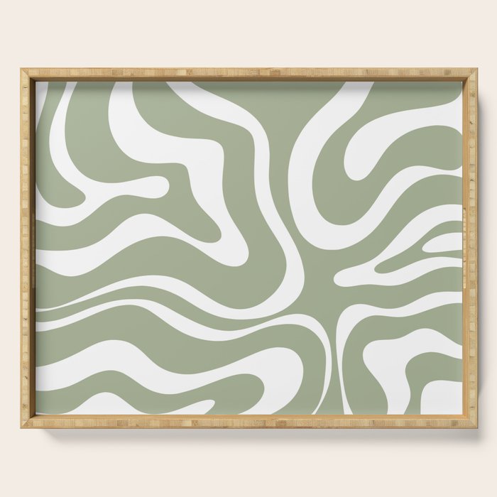 Modern Retro Liquid Swirl Abstract Pattern in Muted Sage Green and White Serving Tray Gallery Image 1