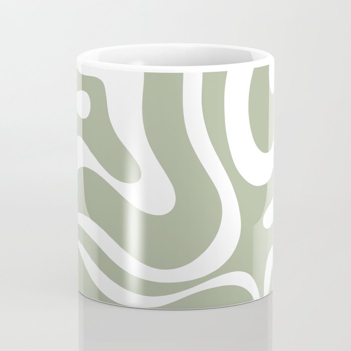 Modern Retro Liquid Swirl Abstract Pattern in Muted Sage Green and White Coffee Mug Gallery Image 4