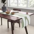 Modern Retro Liquid Swirl Abstract Pattern in Muted Sage Green and White Table Runner Gallery Image 2