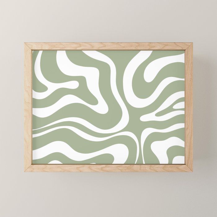Modern Retro Liquid Swirl Abstract Pattern in Muted Sage Green and White Mini Art Print Gallery Image 1