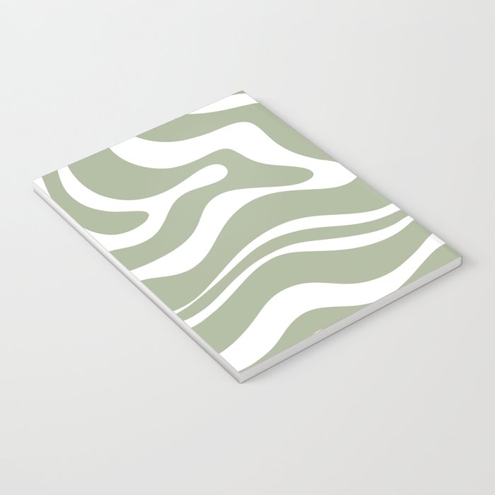 Modern Retro Liquid Swirl Abstract Pattern in Muted Sage Green and White Notebook Gallery Image 3