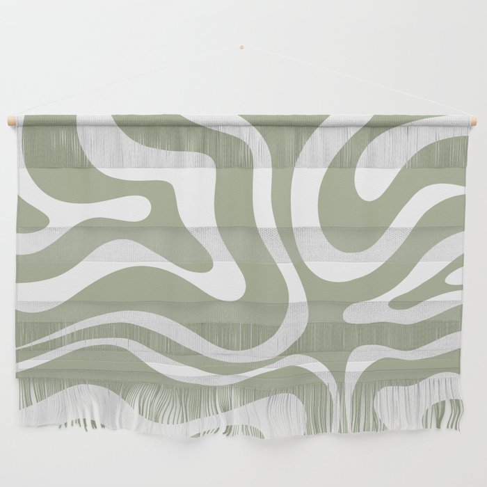Modern Retro Liquid Swirl Abstract Pattern in Muted Sage Green and White Wall Hanging Gallery Image 1