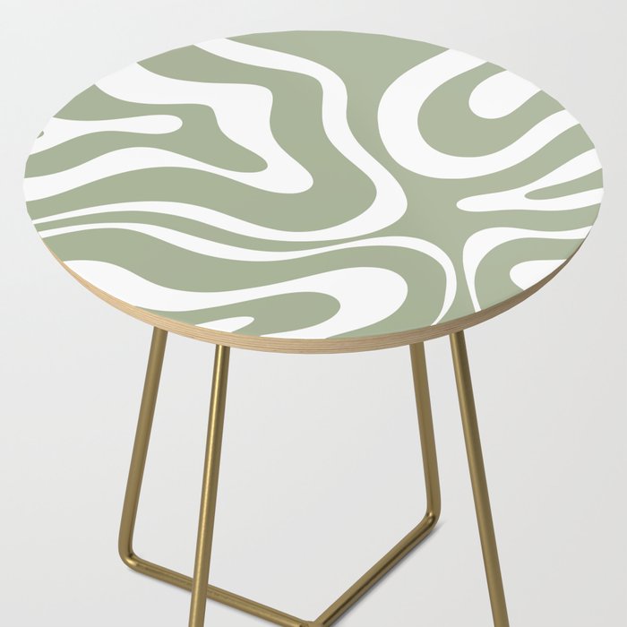 Modern Retro Liquid Swirl Abstract Pattern in Muted Sage Green and White Side Table Gallery Image 2