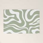 Modern Retro Liquid Swirl Abstract Pattern in Muted Sage Green and White Welcome Mat Gallery Image 1