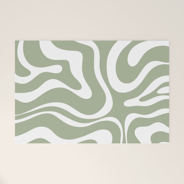 Modern Retro Liquid Swirl Abstract Pattern in Muted Sage Green and White Welcome Mat Gallery Image 1