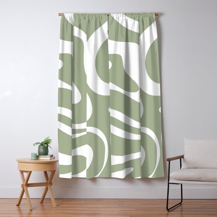 Modern Retro Liquid Swirl Abstract Pattern in Muted Sage Green and White Window Curtain Gallery Image 1
