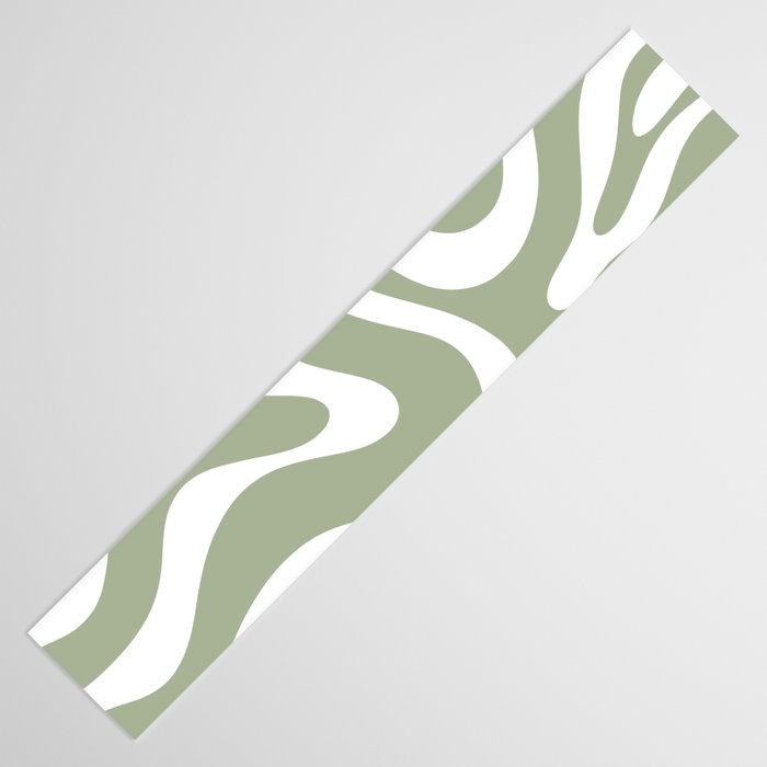 Modern Retro Liquid Swirl Abstract Pattern in Muted Sage Green and White Table Runner Gallery Image 3