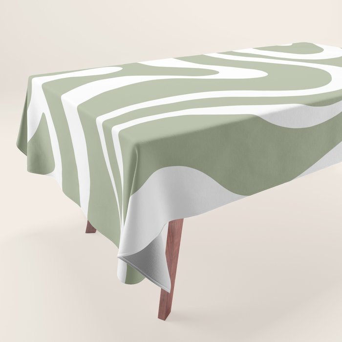 Modern Retro Liquid Swirl Abstract Pattern in Muted Sage Green and White Tablecloth Gallery Image 1