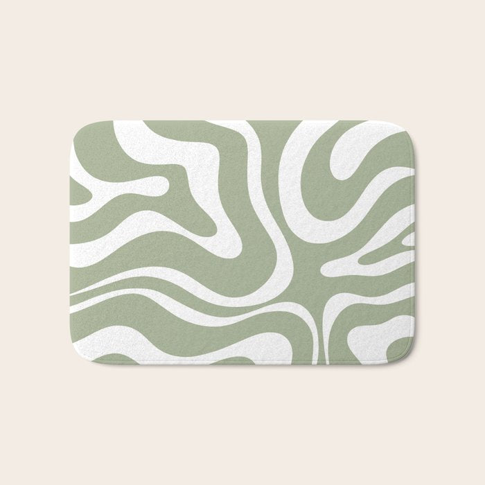 Modern Retro Liquid Swirl Abstract Pattern in Muted Sage Green and White Bath Mat Gallery Image 1
